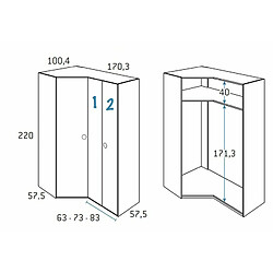 Inside 75 Armoire d'angle pan-coupé 2 portes 170,3 x 220 cm finition chêne blanchis porte droite pliante 1 étagère