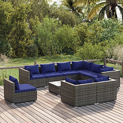 vidaXL Salon de jardin 10 pcs avec coussins Résine tressée Gris