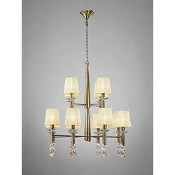 Luminaire Center Suspension Tiffany 2 Tier 12+12 Ampoules E14+G9, laiton antique avec Abat jour crèmes & cristal transaparent