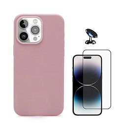 Kit De Film En Verre Trempé À Couverture Complète 5D + Couvercle En Silicone Liquide + Support Magnétique Phonecare Compatible avec Apple iPhone 16 Pro - Rose