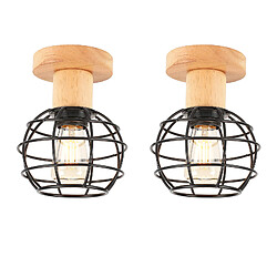 Stoex 2X-Lampe De Plafond Rétro E27 En Fer Et Bois Luminaire Plafonnier À Cage Ronde Plafonnier Moderne Pour Entrée, Couloir, Cuisine, Noir