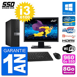 PC Dell 7040 SFF Ecran 22" Intel i3-6100 RAM 8Go SSD 960Go HDMI Windows 10 Wifi - Occasion