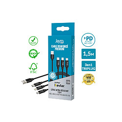 Jaym - Cable Premium 1,5 m - USB-A vers 3 Sorties : Lightning, Type-C et Micro USB - Garanti à Vie - Ultra renforcé - Longueur 1,5 mètres