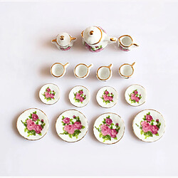 15Pieces 1/12 Dollhouse Miniature Dining Ware Set De Thé En Porcelaine à Fleurs Roses pas cher