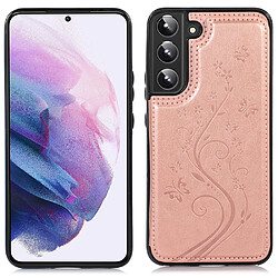 Coque en TPU + PU motif fleur, deux boutons magnétiques avec béquille et porte-cartes or rose pour votre Samsung Galaxy S22 5G