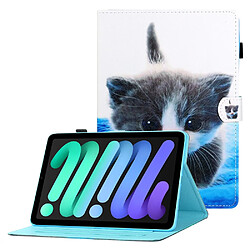 Etui en PU ligne de couture à texture croisée avec support et porte-cartes chat blanc bleu pour votre Apple iPad mini (2021)