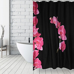 MSV Rideau de douche Polyester LANYU 180x200cm Motif Fleurs Noir & Rose - Anneaux inclus