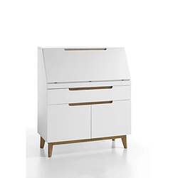 Pegane Bureau de sécretaire en laqué blanc mat avec piètement en chêne - L97 x H113 x P40 cm