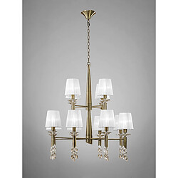 Luminaire Center Suspension Tiffany 2 Tier 12+12 Ampoules E14+G9, laiton antique avec Abat jour blancs & cristal transaparent