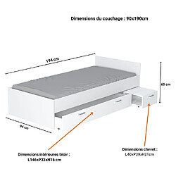 Acheter Le Quai Des Affaires Lit TWIST 90x190 + chevet + tiroir / Blanc