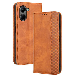 Etui en PU texture rétro, auto fermeture magnétique avec support pour votre Realme C33 4G - marron