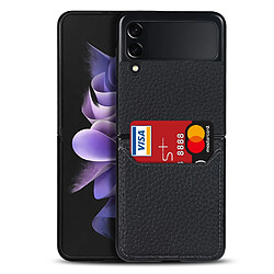 Coque en cuir véritable texture litchi avec porte-carte noir pour votre Samsung Galaxy Z Flip3 5G