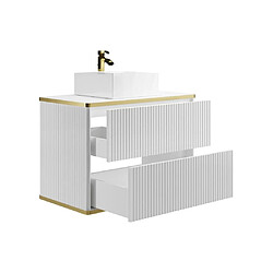 Acheter Vente-Unique Meuble de salle de bain suspendu strié liseré doré avec vasque à poser - Blanc - 80 cm - KELIZA