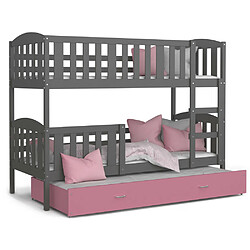 Acheter Kids Literie Lit Superposé 3 Places Teo 90x190 Gris - rose Livré avec sommiers, tiroir et matelas en mousse de 7cm