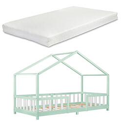 Lit d'enfant Treviolo Forme Maison avec Matelas à Mousse à Froid 200 x 90 cm Menthe Blanc [en.casa]