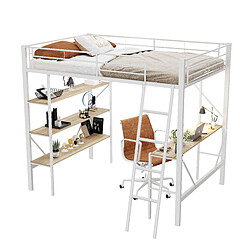 ComfortXL Lit Mezzanine 90x200cm En Métal Avec Bureau Et Trois Grandes Étagères Pour Enfants Et Adultes, Blanc