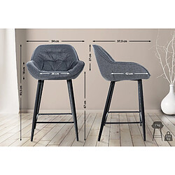 Decoshop26 Lot de 2 tabourets de bar chaises hautes assise effet capitonnée en tissu gris et métal noir 10_0004165