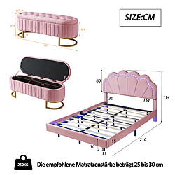 Avis KOMHTOM Lit rembourré 140 x 200 cm, avec banquette escamotable, éclairage LED, lit plat double, rose, tissu velours