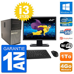 PC Tour Dell 790 MT Ecran 22" Intel i3-2120 RAM 4Go Disque 1To Windows 10 Wifi - Occasion