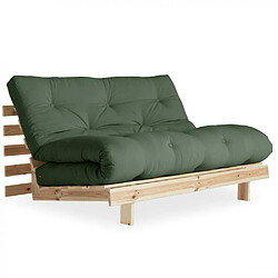 Inside 75 Canapé convertible futon ROOTS pin naturel coloris vert olive couchage 140x200 cm.