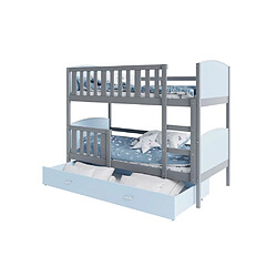 Kids Literie Lit Superposé Tomy 90x190 Gris - bleu Livré avec sommiers, tiroir et matelas en mousse de 7cm