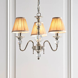 Interiors 1900 Suspension 3 ampoules Polina, nickel et cristal, abat-jour beiges