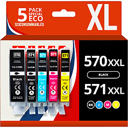 123CONSOMMABLES - 570 571XL - Pack 5 Cartouche d'encre Compatibles avec Canon 570 571 pour Canon PIXMA TS5055 TS5050 MG5750 TS5053 MG6852 MG6850 MG5700 MG5752 MG5753 (2 Noir / 1 Cyan / 1 Magenta / 1 Jaune)