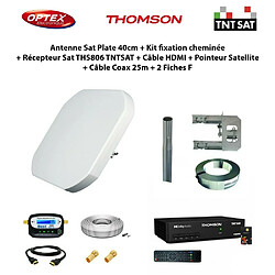 Optex Antenne Sat Plate 40cm + Kit fixation cheminée + Récepteur Sat THS806 TNTSAT + Câble HDMI + Pointeur + Câble Coax 25m + 2 Fiches F 