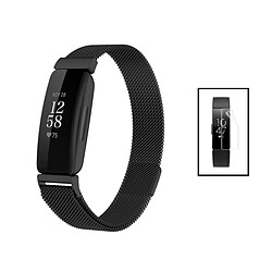 PHONECARE Kit Bracelet Milanese Loop Fermoir Magnétique + Film de Gel Full Cover pour Fitbit Inspire 2 - Noir / Transparent