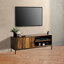 Toilinux Meuble TV Joya avec 1 porte et 2 niches de rangement - Bois foncé et noir