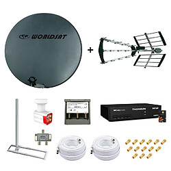 Kit Parabole Fibre 75cm + Antenne TNT + Support Toit + LNB Quad + Coupleur SAT TV + Décodeur TNTSAT + 2 Câbles Twin 25m + 14 Fiches F