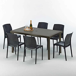 Grand Soleil Table rectangulaire 6 chaises Poly rotin resine 150x90 marron Focus, Chaises Modèle: Boheme Anthracite noir