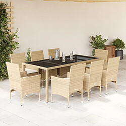 vidaXL Ensemble à manger de jardin et coussins 9 pcs beige rotin verre