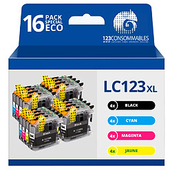 123CONSOMMABLES - LC123 - Pack 16 Cartouches Compatibles avec Brother LC123XL pour Imprimante DCP-J132W J152W J172W J552DW J752DW J4110DW MFC-J245 J6520DW J6720DW (4 Noir / 4 Cyan / 4 Magenta / 4 Jaune)