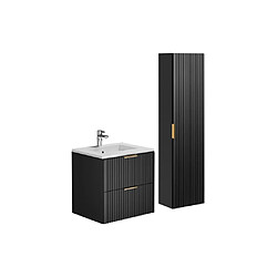 Vente-Unique Meuble de salle de bain strié avec vasque à encastrer et colonne - Noir - 60 cm - ZEVARA