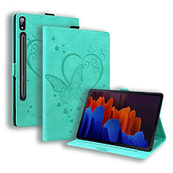 Etui en PU motif papillon, léger avec support, porte-cartes et porte-stylo cyan pour votre Samsung Galaxy Tab S7 Plus/Galaxy Tab S8 Plus