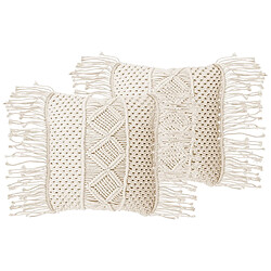 Beliani Lot de 2 coussins YORTAN Coton 45 x 40 cm Géométrique Macramé Beige clair