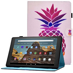 Etui en PU magnétique avec support, porte-cartes et porte-stylo pour votre Amazon Fire HD 10 (2015)/(2017)/(2019) - Ananas rose