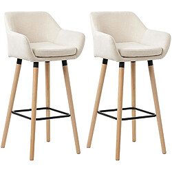 Decoshop26 Lot de 2 tabourets de bar lounge design scandinave assise en tissu beige pieds en bois repose-pieds en métal 10_0004172