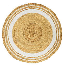 Toilinux Tapis rond en Jute et coton - Imprimé Blanc - Diamètre 90 cm