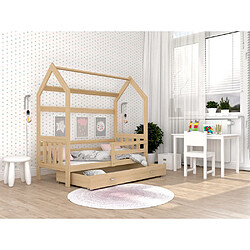 Kids Literie Lit Cabane 2 80x160 Pin Livré avec sommiers, tiroir et matelas en mousse de 7cm