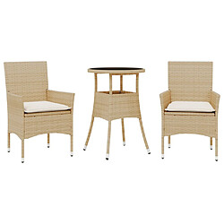 vidaXL Ensemble à manger de jardin et coussins 3 pcs beige rotin verre