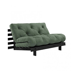 Inside 75 Canapé convertible futon ROOTS pin laqué noir matelas 140 x 200 cm coloris vert olive