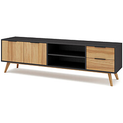 Avis Pegane Meuble TV en pin massif décor ciré naturel et noir, meuble de rangement - Longueur 180 x Profondeur 40 x Hauteur 52 cm