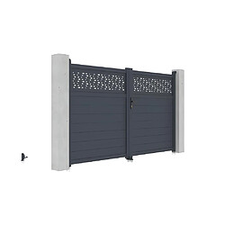 Avis Vente-Unique Portail électrique battant aluminium semi plein à motifs L305 x H181 cm anthracite - BAZIO