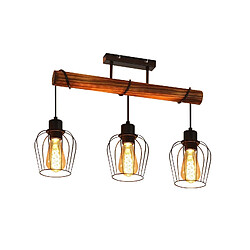 NETTLIFE Plafonnier 3 spots métal et bois noir E27 lampe de salon vintage en bois flammé au design industriel avec hauteur réglable sans ampoule