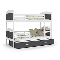 Kids Literie Lit Superposé 3 Places Mateo 90x190 Blanc - gris Livré avec sommiers, tiroir et matelas en mousse de 7cm