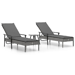 vidaXL Chaises longues lot de 2 avec table et coussins gris poly rotin