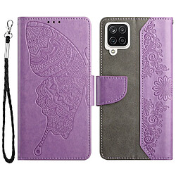 Coque en TPU anti-rayures, motif papillon et fleur avec support violet pour votre Samsung Galaxy A22 4G (EU Version)