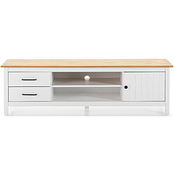 Pegane Meuble TV en pin massif décor ciré chêne et blanc, meuble de rangement - Longueur 158 x Profondeur 40 x Hauteur 47 cm